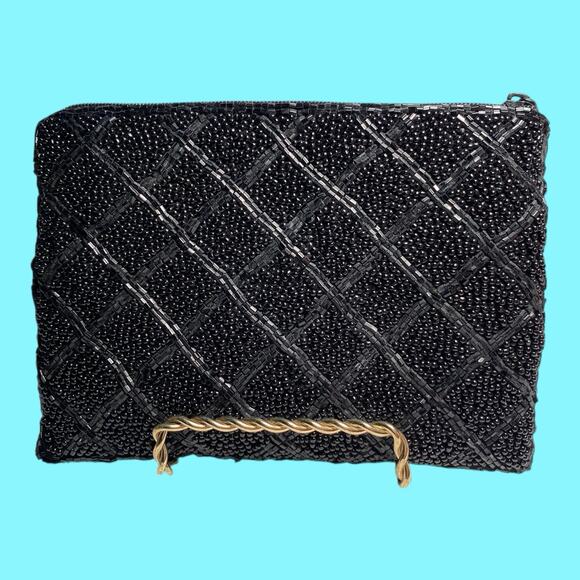 Lancome Beaded Clutch Evening Bag Zipper 4 1/2” X 6” Black - Picture 5 of 13